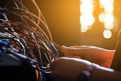 Cables connected in dark 스톡 사진