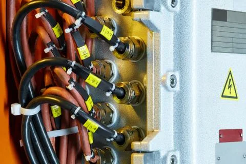 Cables connected to the switchboard closeup Stock Photos