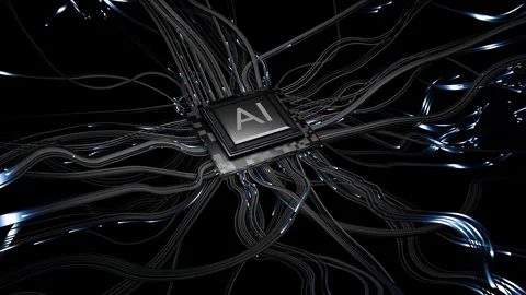 Cables Connecting to AI Chip with Glowing Energy Flow in 3D Animation Stock Footage 298454754