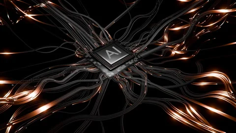 Cables Connecting to AI Chip with Glowing Energy Flow in 3D Loop Animation Stock Footage 298454957