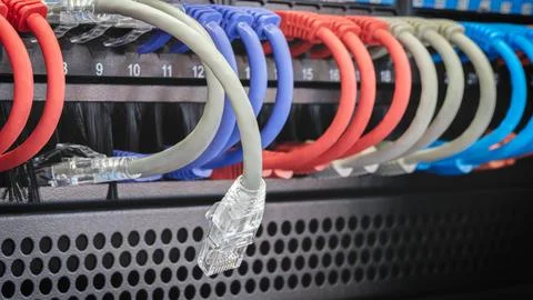 Cables with different colors and numbers. Cables are connected to a black box Foto stock