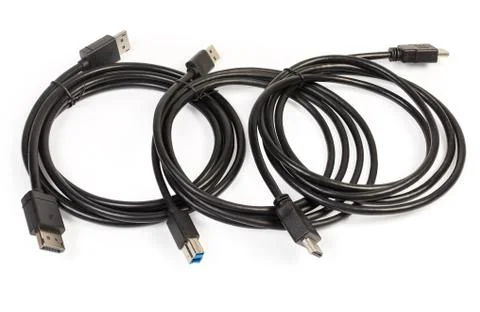 Cables of different multimedia and computers interfaces on white background Stock Photos