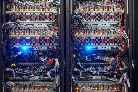 Cables on panels in server room Stock Photos