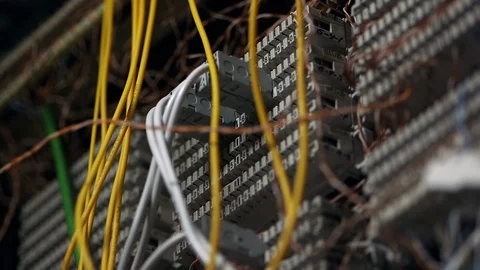 Cables plugged into a network connector Stock Footage 94380181