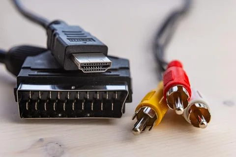 Cables, scart socket, hdmi plug and rca plugs Stock Photos