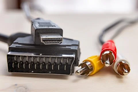 Cables, scart socket, hdmi plug and rca plugs Stock Photos