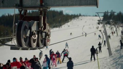 Cableway close up view on crowded downhill mountain. Stock Footage 295888068