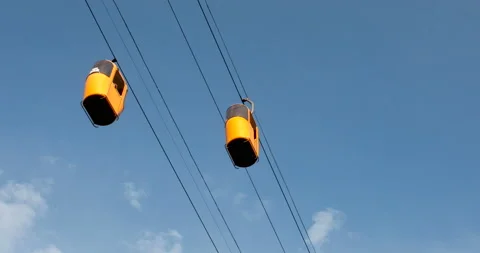 Cableway with yellow cabins with background of blue sky Stock Footage 108723985