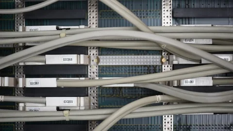 Cabling in telecommunication exchange system Stock Footage 86112334