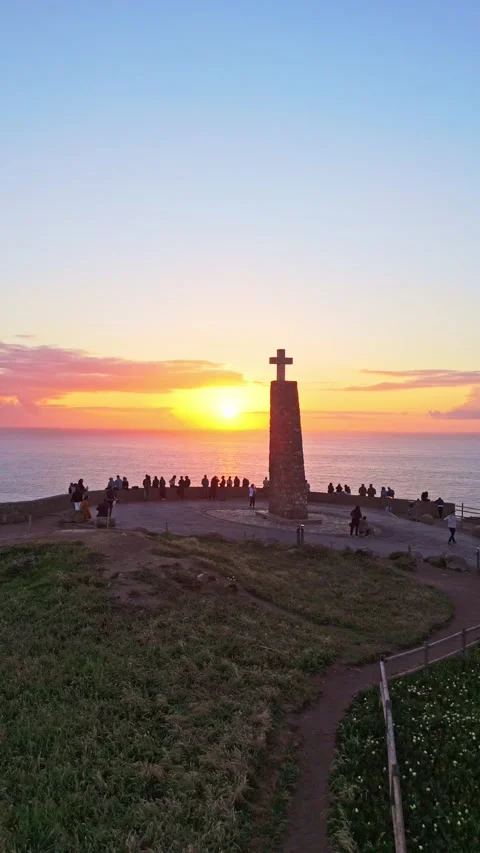 Cabo da Roca Cross at Sunset and Tourists. Portugal. Aerial View. Vertical Video Stock Footage 333898525