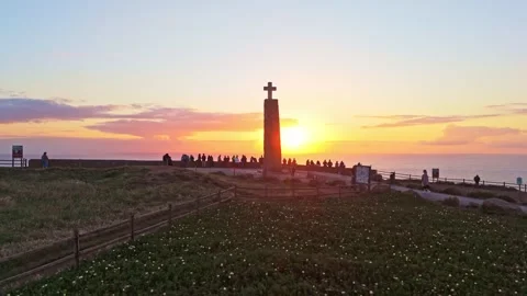 Cabo da Roca Cross at Sunset and Tourists. Portugal. Aerial View Stock Footage 333898558