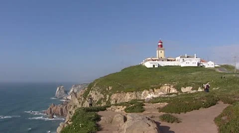 Cabo da Roca Lighthouse complex -  pan Atlantic Ocean Stock Footage 22043570