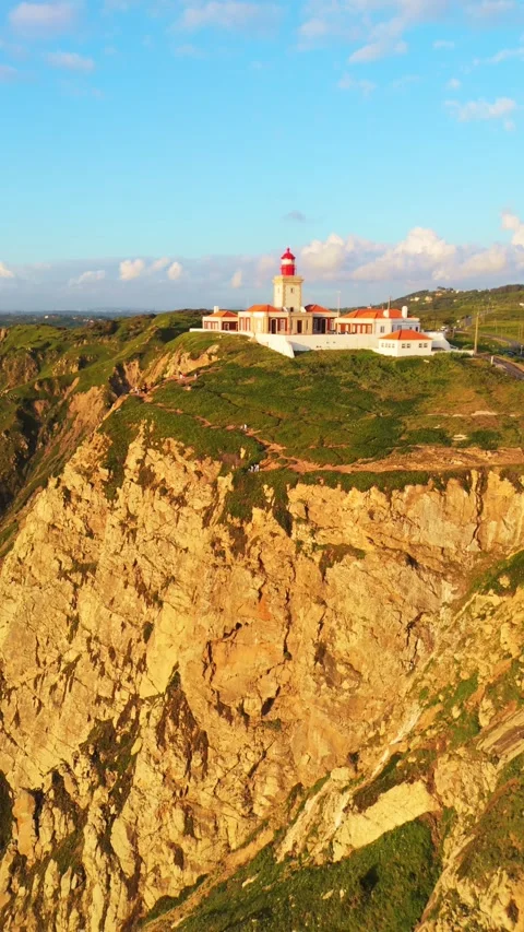 Cabo da Roca Lighthouse at Sunset. Portugal. Aerial View. Vertical Video Stock Footage 333898526