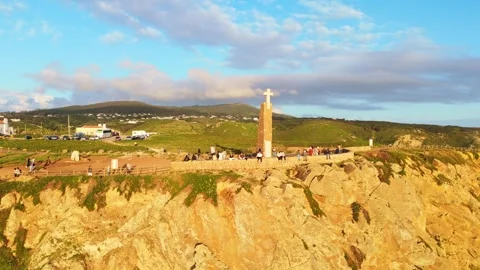 Cabo da Roca at Sunset. Cliffs and Cross. Portugal. Aerial View Stock Footage 333898544