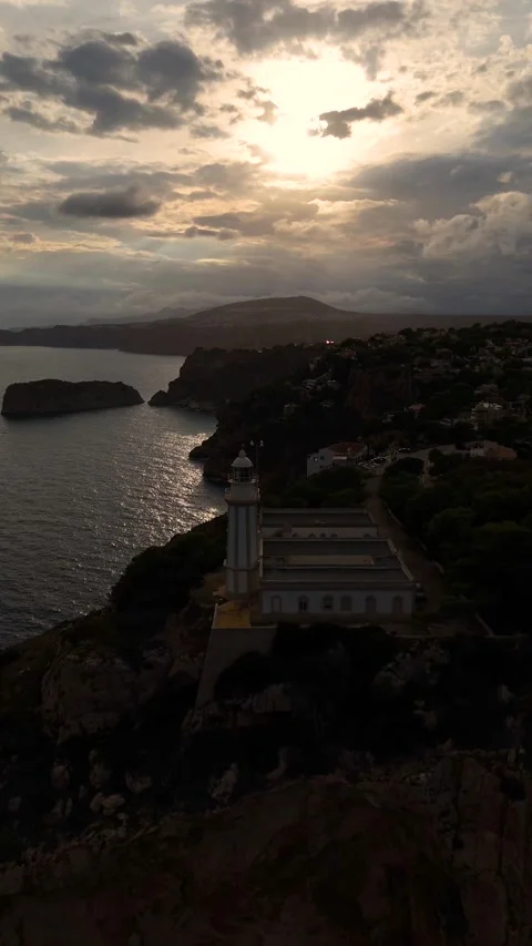 Cabo de la Nao lighthouse dusk vertical aerial video format Vidéo 337312713