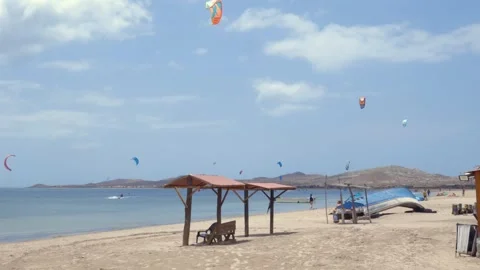 Cabo de la Vela remote desert village beach wind paraglide surfing Colombia Vídeo Stock 302263283
