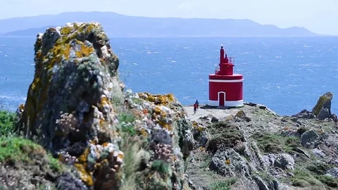 Cabo Home Cangas do Morrazo Red Lighthouse Stock Footage 79152562