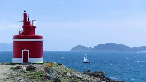 Cabo Home Cangas do Morrazo Red Lighthouse Stock Footage 79152577
