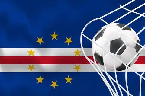 Cabo Verde 3D Waving Flag with Football and Net World Cup Soccer Bacground Stock Illustration