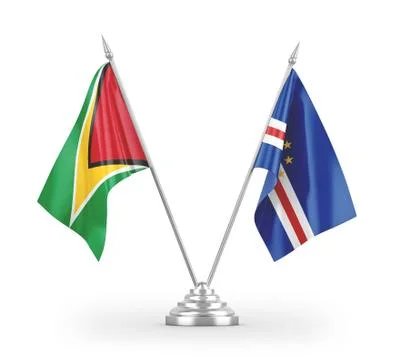 Cabo Verde and Guyana table flags isolated on white 3D rendering Stock Illustration