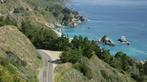 Cabrillo Highway from above, Big Sur, California Stock Footage