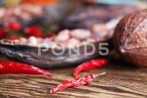 Cacao Beans And Chili Peppers