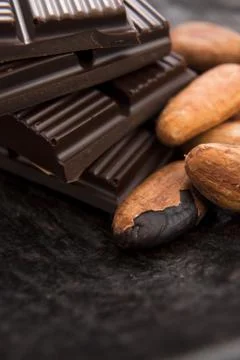 Cacao beans with dark chocolate Stock Photos
