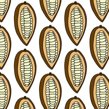 Cacao fruit seamless doodle pattern, vector color illustration Stock Illustration