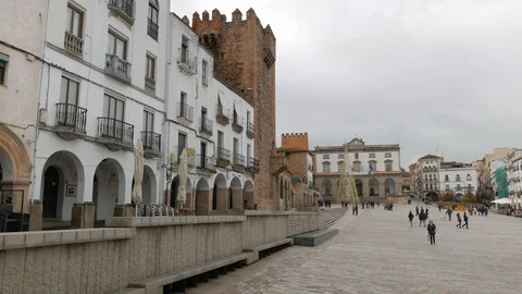 CACERES, SPAIN  Panoramic view of the Main Square 스톡 동영상 99329880