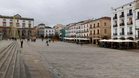 CACERES, SPAIN  Panoramic view of the Main Square. World Heritage City Stock Footage 99381780