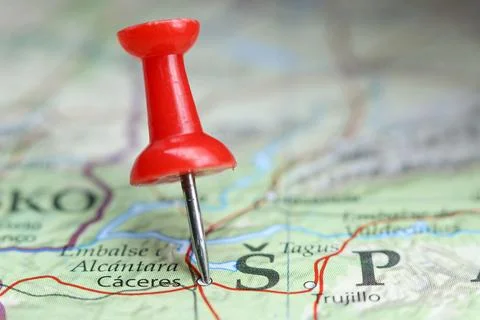 Caceres, Spain pin on map Stock Photos