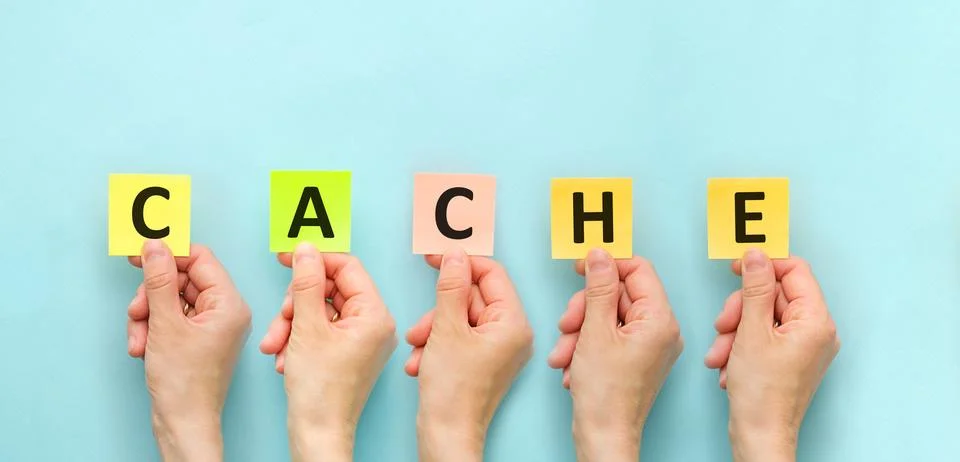Cache text on Colorful sticky notes in hands. Foto stock
