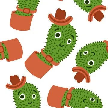 Cacti character in hat pattern in cartoon style Stock Illustration
