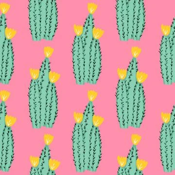 Cacti doodle endless vector illustration. Cactus seamless pattern on pink bac Illustrazione stock
