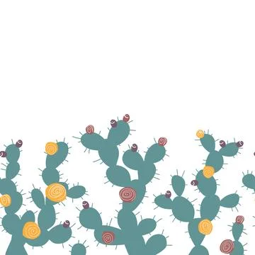 Cacti fence seamless pattern. Border with Opuntia cactus, doodle isolated ill 스톡 일러스트