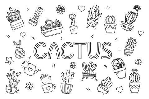 Cacti in flower pots doodle set Stock Illustration
