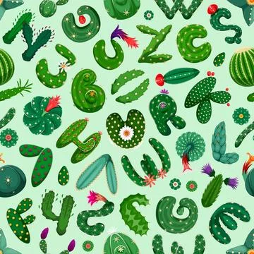 Cacti font, succulent typeface seamless pattern Stock Illustration