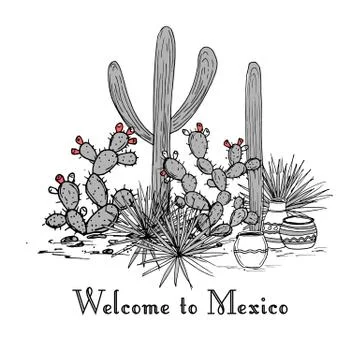 Cacti group. Prickly pear cactus, blue agaves, and saguaro. Welcome to Mexico Stock Illustration