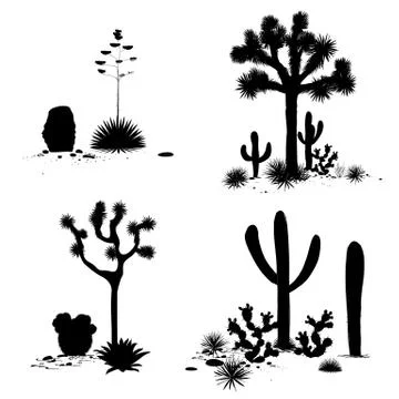 Cacti landscape groups. Vector set with silhouettes of saguaro, prickly pear Stock Illustration