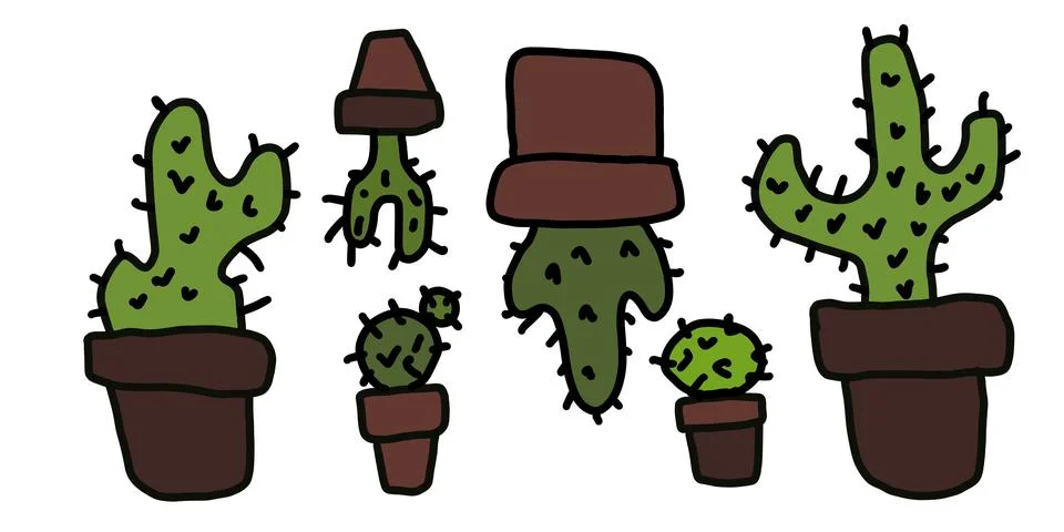 Cacti in pots. Abstract floral pattern on a white background. 스톡 일러스트