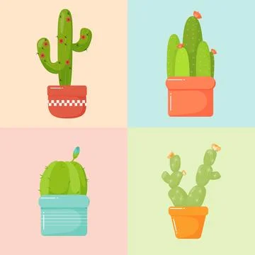 Cacti in pots set with colored squares Stock Illustration