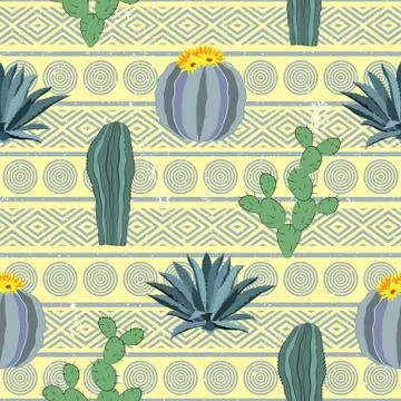 Cacti seamless pattern with geometric background. Stock Illustration