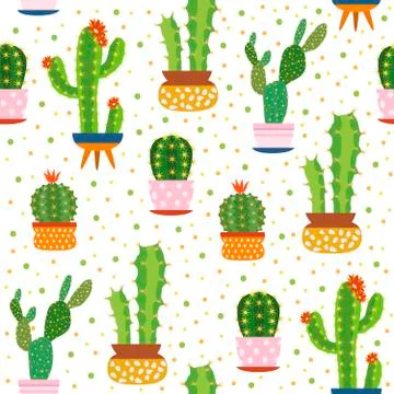 Cacti seamless pattern. Spiky cactus, desert plants bright repeated texture cute 스톡 일러스트