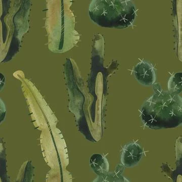 Cacti. Seamless watercolor pattern for wrapping paper, wallpaper and textiles. Stock Illustration