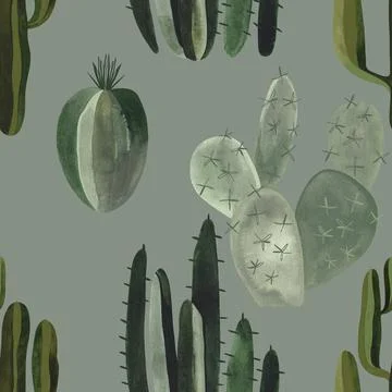Cacti. Seamless watercolor pattern for wrapping paper, wallpaper and textiles. Stock Illustration