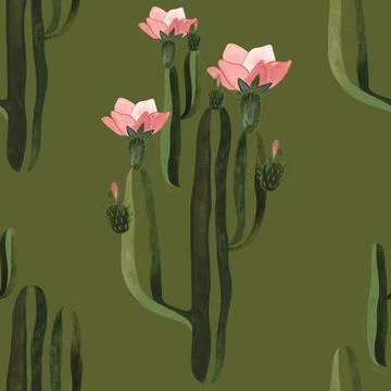 Cacti. Seamless watercolor pattern for wrapping paper, wallpaper and textiles. Stock Illustration