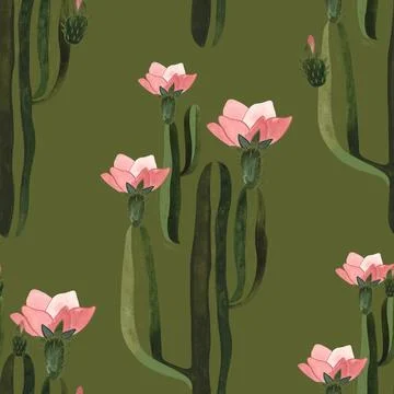Cacti. Seamless watercolor pattern for wrapping paper, wallpaper and textiles. Stock Illustration