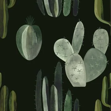 Cacti. Seamless watercolor pattern for wrapping paper, wallpaper and textiles. Stock Illustration