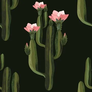 Cacti. Seamless watercolor pattern for wrapping paper, wallpaper and textiles. Stock Illustration