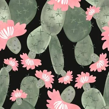 Cacti. Seamless watercolor pattern for wrapping paper, wallpaper and textiles. Stock Illustration